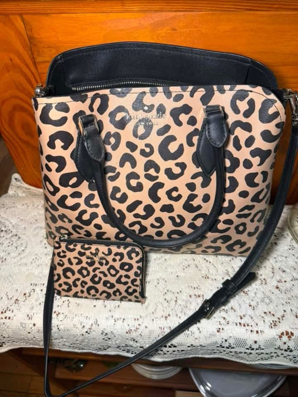 kate spade Leopard Print Satchel & Wallet - Black & Tan